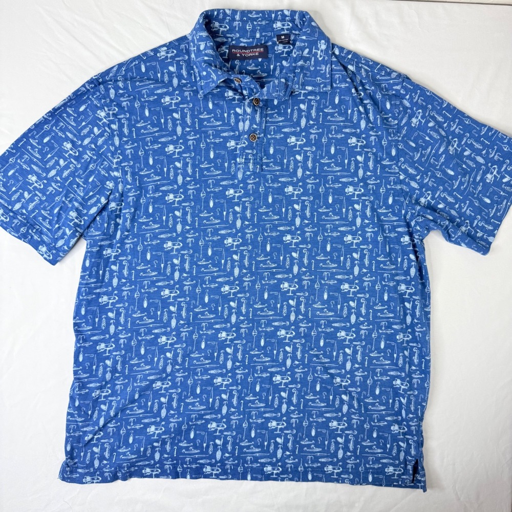 Roundtree & Yorke Mens‎ Blue Fishing Lure Print Polo Shirt Cotton Modal Size M